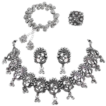 JFL - Jewellery for Less Navratri Special Oxidised Silver Jewellery Set – Peacock Necklace, Earrings, Ghungroo Bracelet & Adjustable Finger Ring | Traditional Festive Jewellery for Women & Girls.