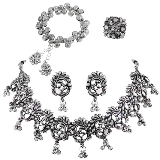JFL - Jewellery for Less Navratri Special Oxidised Silver Jewellery Set – Peacock Necklace, Earrings, Ghungroo Bracelet & Adjustable Finger Ring | Traditional Festive Jewellery for Women & Girls.