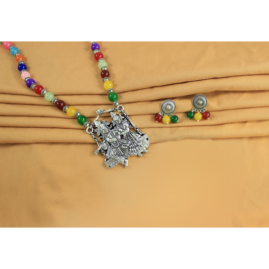 JFL – Jewellery for Less Multicolor Beaded Oxidised Silver Temple Jewelry Set for Women | Radha Krishna Pendant Necklace with Earrings | Ethnic Festive Navratri,Garba