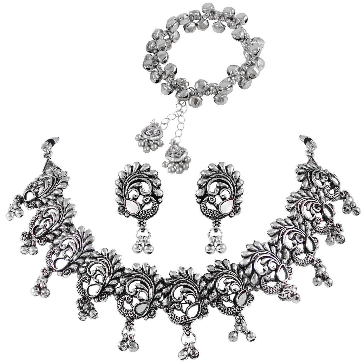 JFL - Jewellery for Less Oxidised Choker Necklace Earrings Bracelet Set with Floral & Paisley Motifs & Bead Accents – Traditional Jewellery for Women & Girls – Navratri, Garba, Wedding & Party Use