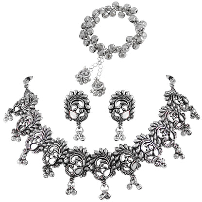 JFL - Jewellery for Less Oxidised Choker Necklace Earrings Bracelet Set with Floral & Paisley Motifs & Bead Accents – Traditional Jewellery for Women & Girls – Navratri, Garba, Wedding & Party Use