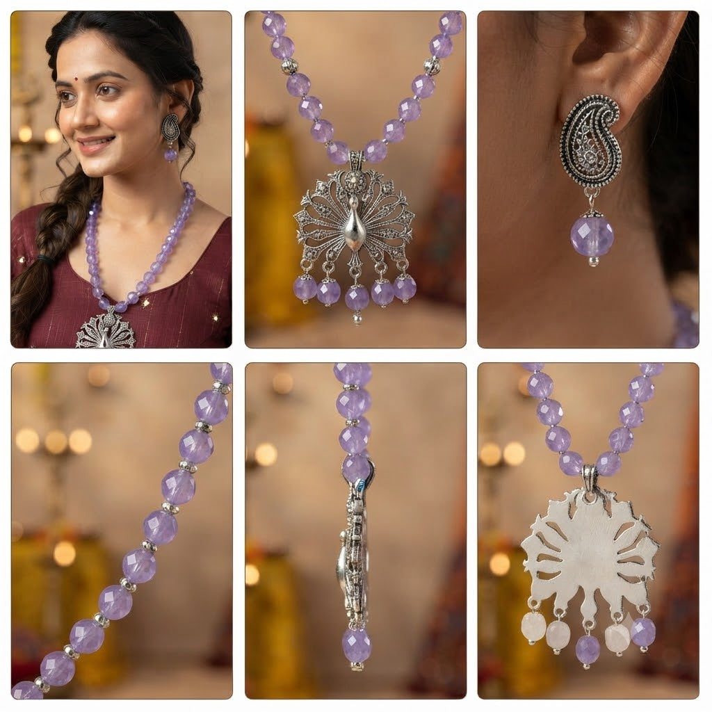JFL - Jewellery for Less Oxidized German Silver Peacock Pendant Purple Crystal Beads Necklace with Earrings Set for Women | Antique Silver Design Jewellery Set | Navratri Special Traditional Jewellery