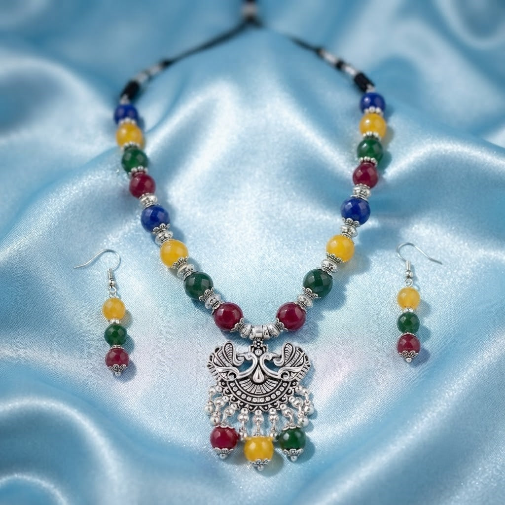 JFL - Jewellery for Less Oxidized German Silver Peacock Pendant Multicolour Beaded Necklace with Earrings Set for Women & Girls | Navratri Special Ethnic Jewellery Set