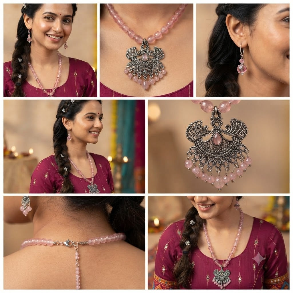 JFL - Jewellery for Less Oxidized German Silver Twin Peacock Pendant Pink Crystal Beads Necklace with Earrings Set for Women | Antique Silver Design Jewellery Set | Navratri Special Traditional Jewellery