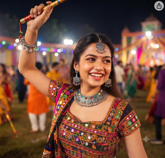 JFL - Jewellery for Less Navratri Special Oxidised Silver Plated Multicolor Stone Necklac Set for Women & Girls – Statement Necklace, Earrings, Maang Tikka & Free Size Ghungroo Bracelet Combo