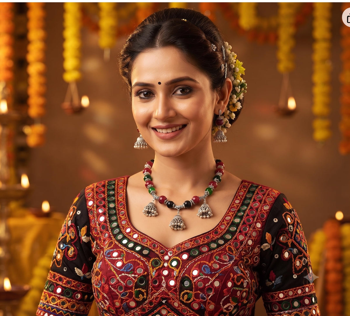 JFL-Jewellery for Less Maroon Green & Black Necklace Earrings Set with Oxidised Silver Beads & Jhumka Danglers – Traditional Jewellery for Women & Girls, Navratri, Garba