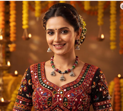 JFL-Jewellery for Less Maroon Green & Black Necklace Earrings Set with Oxidised Silver Beads & Jhumka Danglers – Traditional Jewellery for Women & Girls, Navratri, Garba