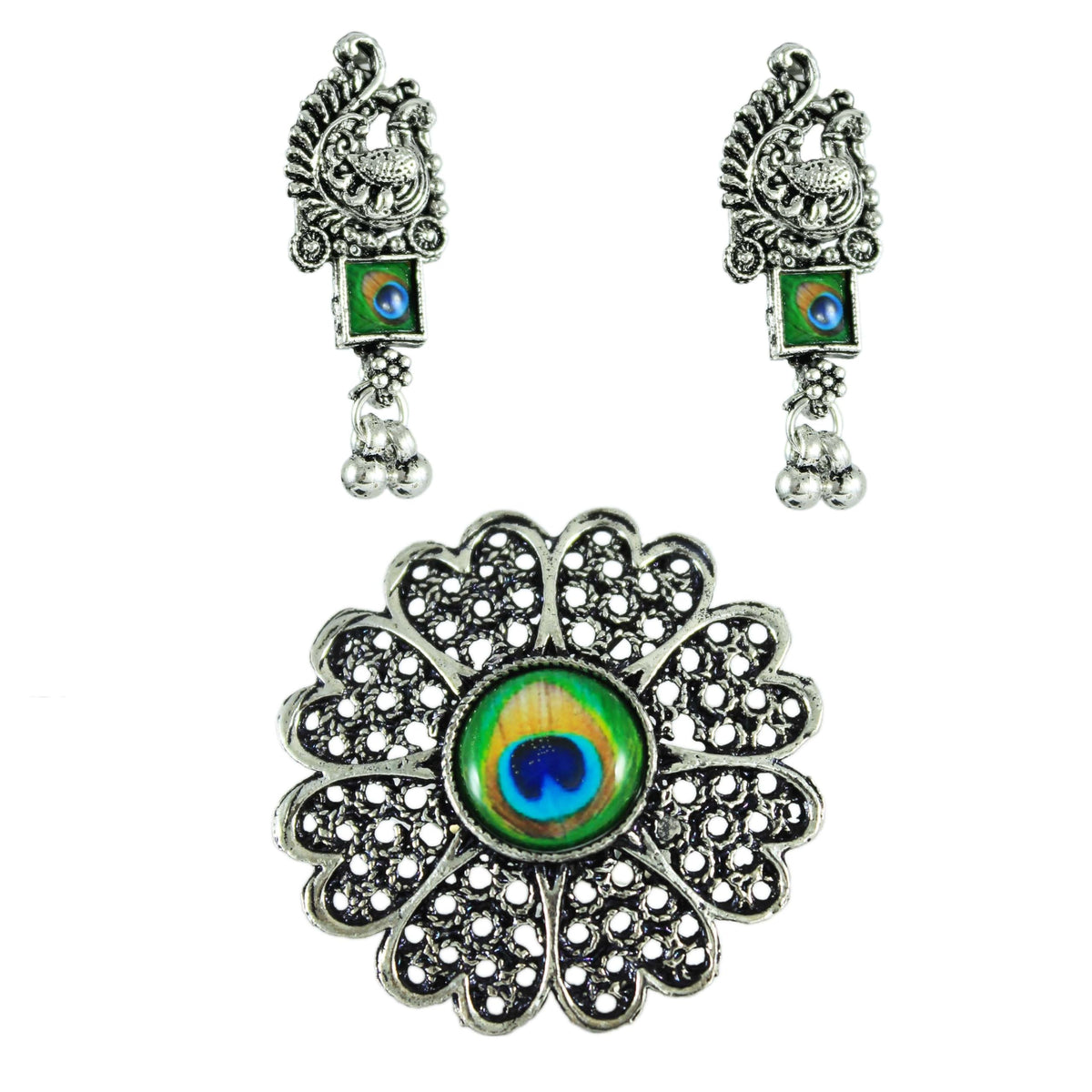 JFL‑Jewellery for Less Oxidised Silver Peacock Motif Jewellery Set – Necklace, Earrings & Finger Ring with Colour Enamel Detailing, Intricate Metalwork & Bead Danglers–Women & Girls – Navratri, Garba