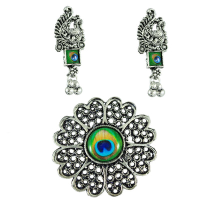 JFL‑Jewellery for Less Oxidised Silver Peacock Motif Jewellery Set – Necklace, Earrings & Finger Ring with Colour Enamel Detailing, Intricate Metalwork & Bead Danglers–Women & Girls – Navratri, Garba
