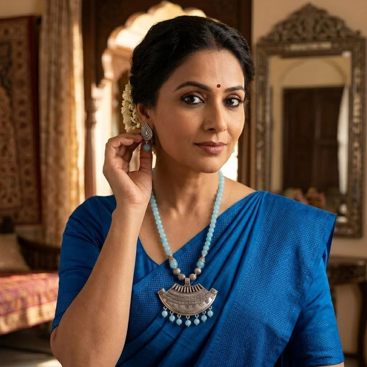 JFL - Jewellery for Less Fashionable 10 mm Sky Blue Color Beads Handcrafted Necklace Set with Silver German Oxidized Pendant Women & Girls. (Sky blue)
