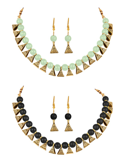 JFL - Jewellery for Less Gold Plated Fashion German Oxidized and Onyx Beaded Combo of 2 Fancy Necklace Set for Women & Girls (Black, Mint Green),Valentine