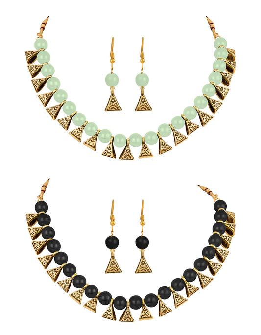 JFL - Jewellery for Less Gold Plated Fashion German Oxidized and Onyx Beaded Combo of 2 Fancy Necklace Set for Women & Girls (Black, Mint Green),Valentine