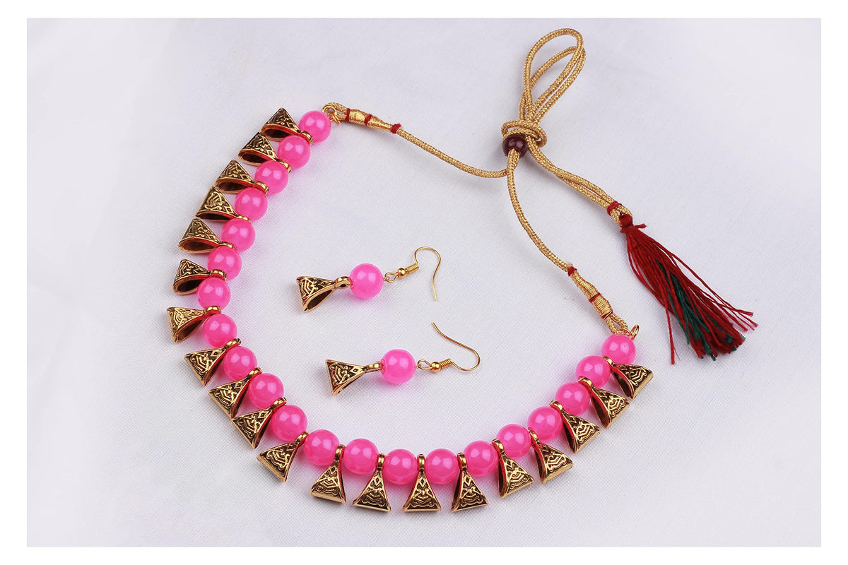 JFL - Jewellery for Less Gold Plated Fashion German Oxidized and Onyx Beaded Combo of 2 Fancy Necklace Set for Women & Girls (Rani Pink, Multicolor),Valentine