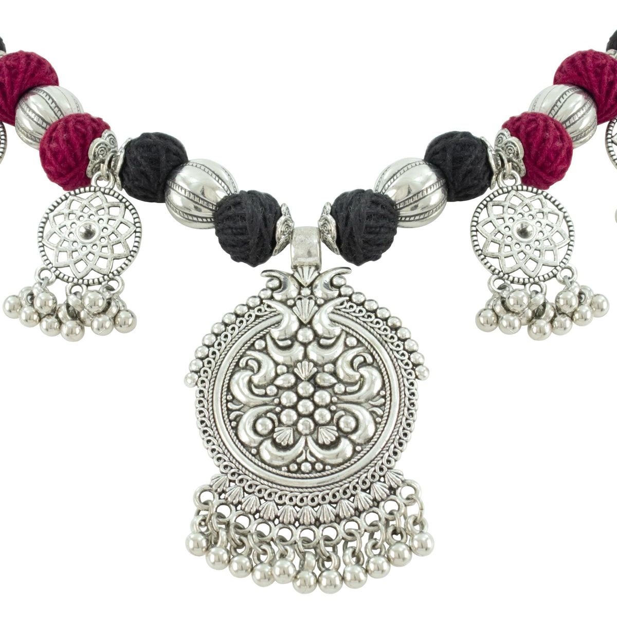 JFL- Jewellery for Less Maroon & Black Cotton Thread Necklace Earrings Set with Oxidised Silver Circular Pendant, Jhumka & Ghungroo Danglers – Jewellery for Women & Girls – Navratri, Garba