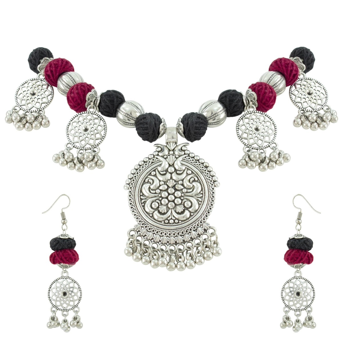 JFL- Jewellery for Less Maroon & Black Cotton Thread Necklace Earrings Set with Oxidised Silver Circular Pendant, Jhumka & Ghungroo Danglers – Jewellery for Women & Girls – Navratri, Garba