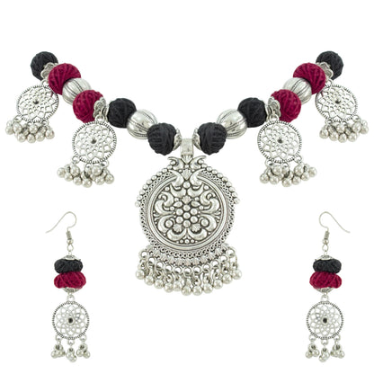JFL- Jewellery for Less Maroon & Black Cotton Thread Necklace Earrings Set with Oxidised Silver Circular Pendant, Jhumka & Ghungroo Danglers – Jewellery for Women & Girls – Navratri, Garba