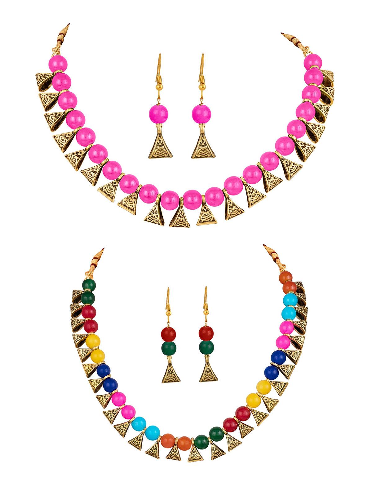 JFL - Jewellery for Less Gold Plated Fashion German Oxidized and Onyx Beaded Combo of 2 Fancy Necklace Set for Women & Girls (Rani Pink, Multicolor),Valentine