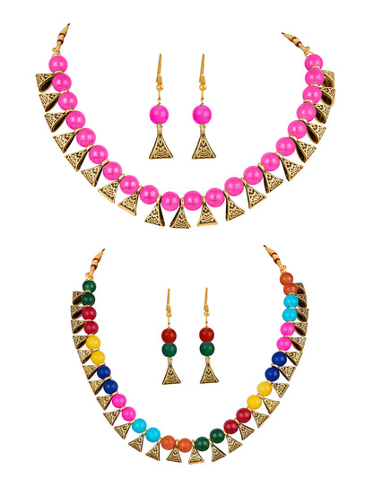 JFL - Jewellery for Less Gold Plated Fashion German Oxidized and Onyx Beaded Combo of 2 Fancy Necklace Set for Women & Girls (Rani Pink, Multicolor),Valentine