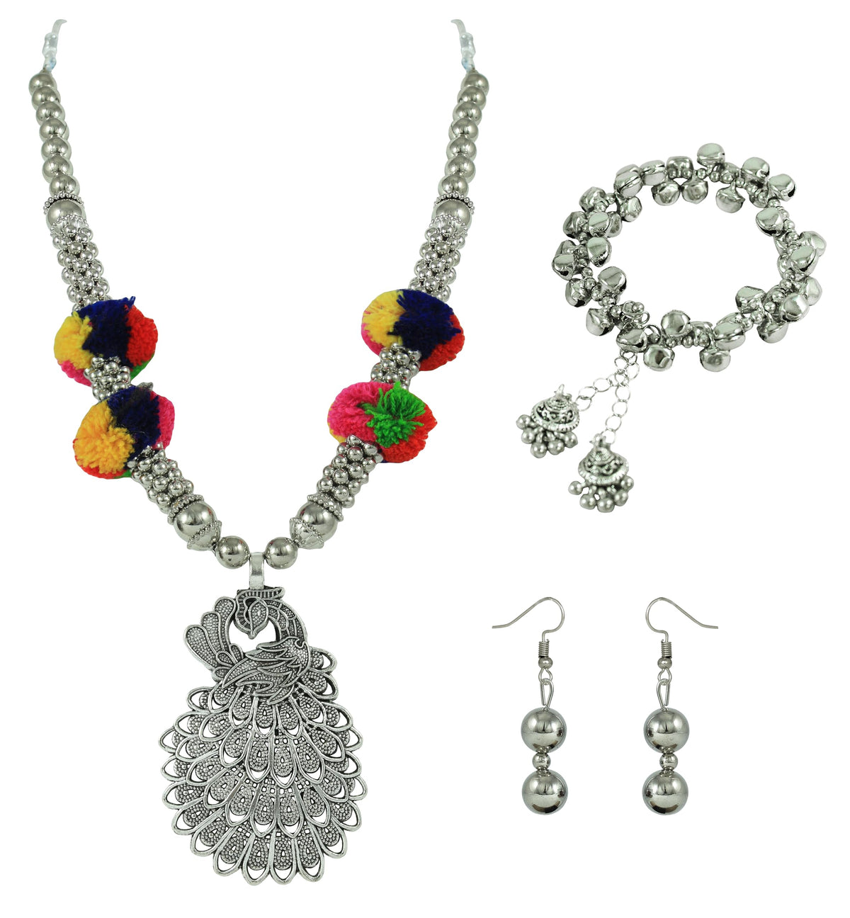 JFL - Jewellery for Less Oxidised Peacock Pendant Necklace Earrings Bracelet Set, Multicolour Pom‑Poms & Jhumka Charms – Jewellery for Women & Girls – Navratri, Garba, Wedding