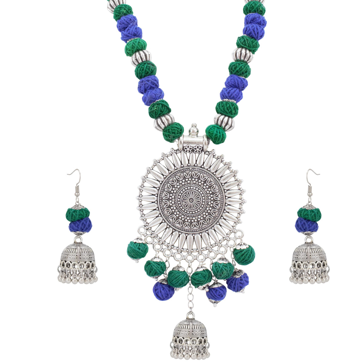 JFL-Jewellery for Less Green & Blue Cotton Thread Necklace Earrings Set with Oxidised Silver Circular Pendant & Jhumka – Handmade Jewellery for Women & Girls – Navratri, Garba