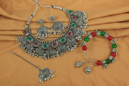JFL - Jewellery for Less Oxidised Silver Plated Beaded Necklace Set with Kada, Earrings & Maang Tikka for Women and Girls - Navratri Special Combo