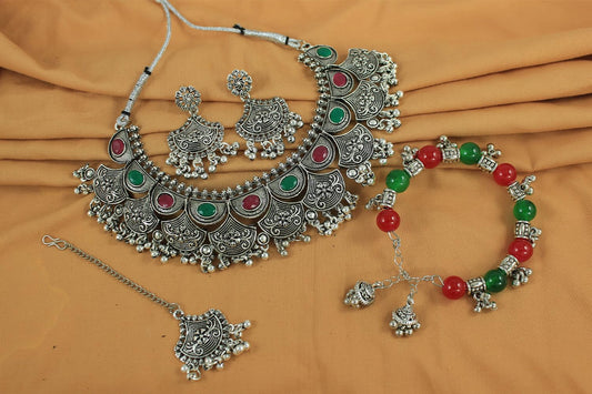 JFL - Jewellery for Less Oxidised Silver Plated Beaded Necklace Set with Kada, Earrings & Maang Tikka for Women and Girls - Navratri Special Combo