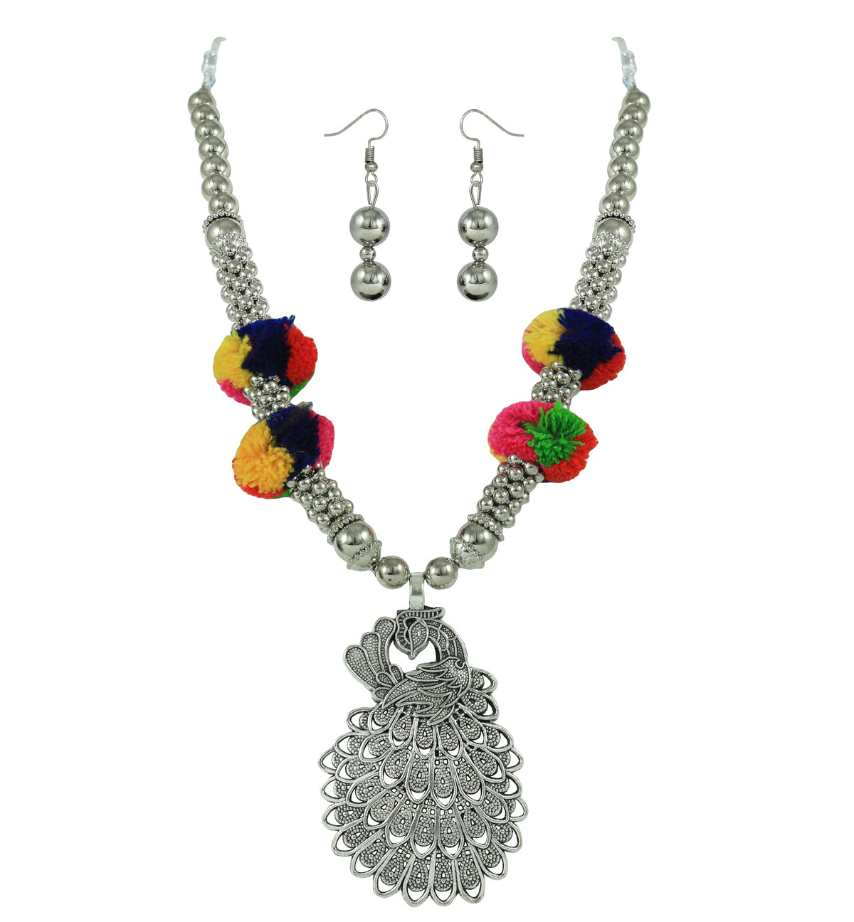 JFL - Jewellery for Less Oxidised Peacock Pendant Necklace Earrings Bracelet Set, Multicolour Pom‑Poms & Jhumka Charms – Jewellery for Women & Girls – Navratri, Garba, Wedding