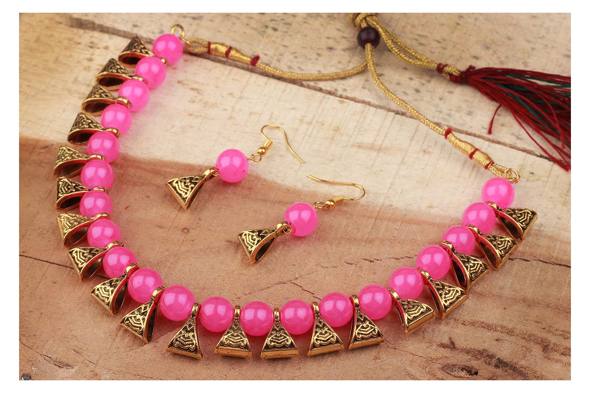 JFL - Jewellery for Less Gold Plated Fashion German Oxidized and Onyx Beaded Combo of 2 Fancy Necklace Set for Women & Girls (Rani Pink, Multicolor),Valentine