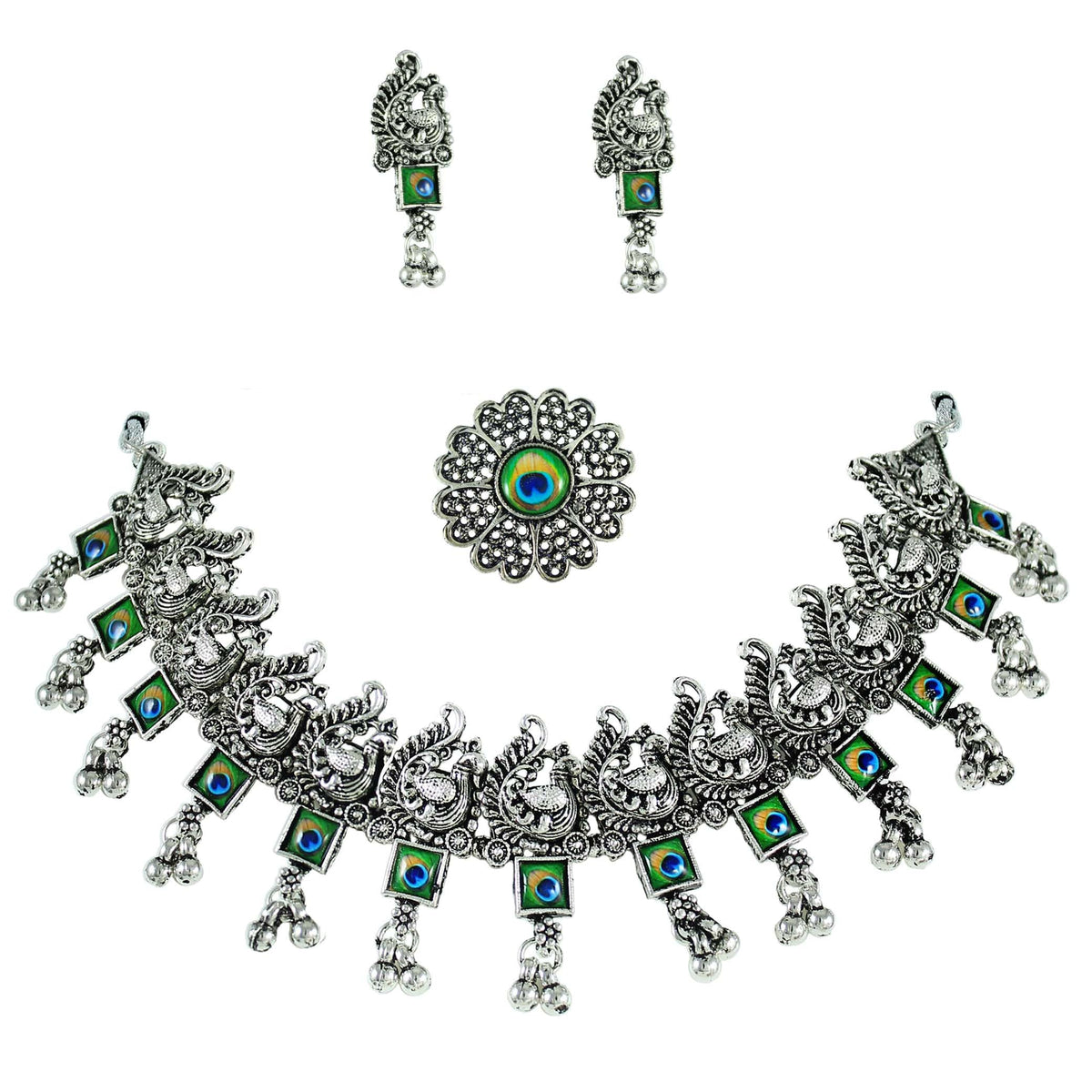 JFL‑Jewellery for Less Oxidised Silver Peacock Motif Jewellery Set – Necklace, Earrings & Finger Ring with Colour Enamel Detailing, Intricate Metalwork & Bead Danglers–Women & Girls – Navratri, Garba
