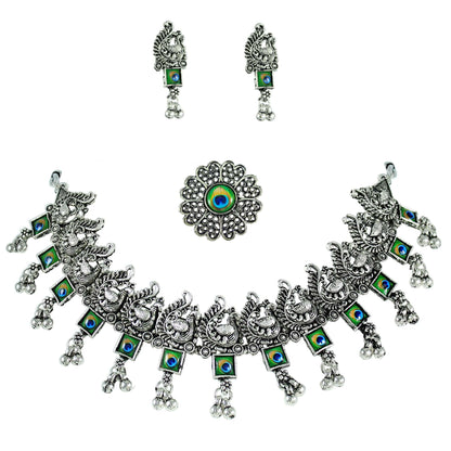JFL‑Jewellery for Less Oxidised Silver Peacock Motif Jewellery Set – Necklace, Earrings & Finger Ring with Colour Enamel Detailing, Intricate Metalwork & Bead Danglers–Women & Girls – Navratri, Garba
