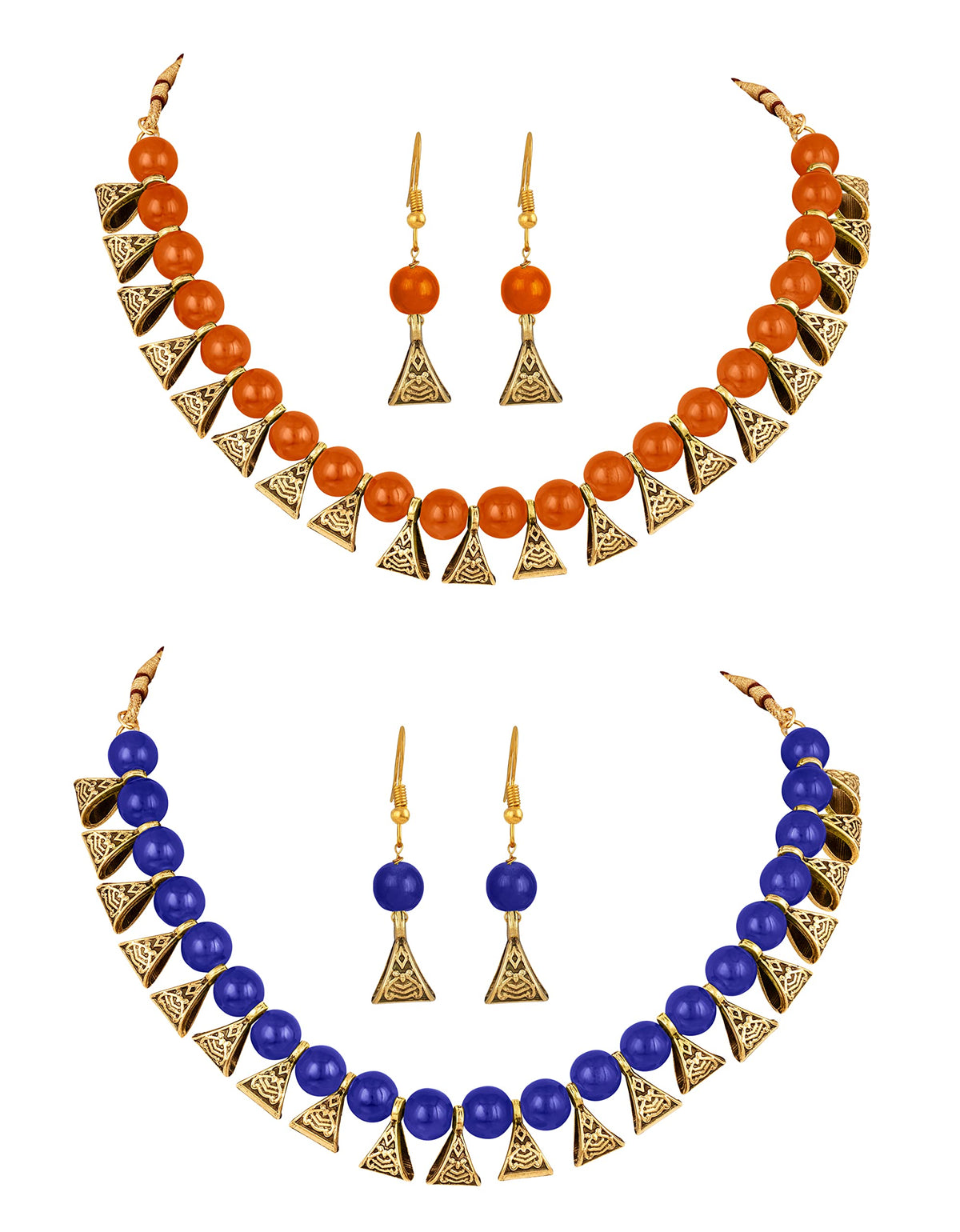 JFL - Jewellery for Less Gold Plated Fashion German Oxidized and Onyx Beaded Combo of 2 Fancy Necklace Set for Women & Girls (Orange, Blue),Valentine