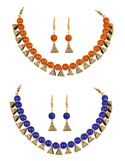 JFL - Jewellery for Less Gold Plated Fashion German Oxidized and Onyx Beaded Combo of 2 Fancy Necklace Set for Women & Girls (Orange, Blue),Valentine