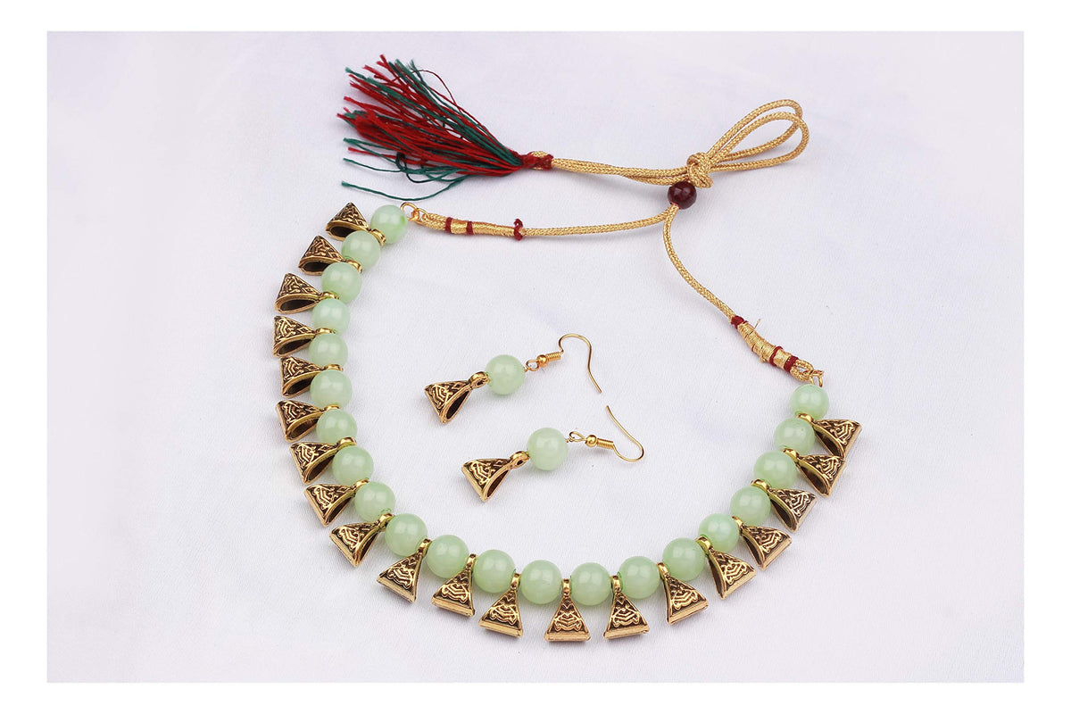 JFL - Jewellery for Less Gold Plated Fashion German Oxidized and Onyx Beaded Combo of 2 Fancy Necklace Set for Women & Girls (Black, Mint Green),Valentine