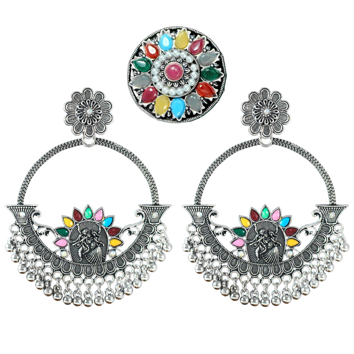 JFL - Jewellery for Less Oxidised Silver-Plated Earrings & Finger Ring Combo – Multicolor Stone Ethnic Jewellery Set with Floral & Radial Motifs – Navratri for Women & Girls