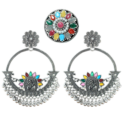 JFL - Jewellery for Less Oxidised Silver-Plated Earrings & Finger Ring Combo – Multicolor Stone Ethnic Jewellery Set with Floral & Radial Motifs – Navratri for Women & Girls