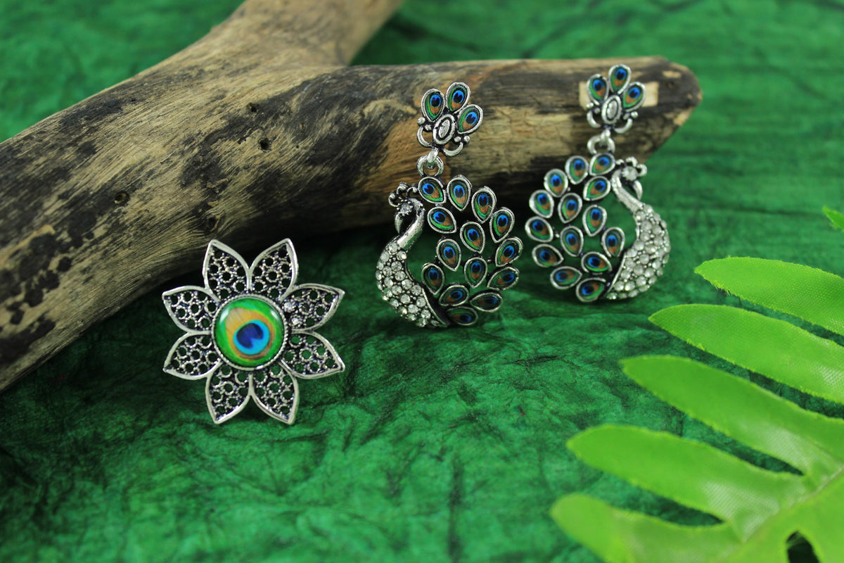 JFL - Jewellery for Less Oxidised Peacock Design Earrings & Finger Ring Combo for Women & Girls – Blue-Green Accents & Stone Detailing for Navratri.