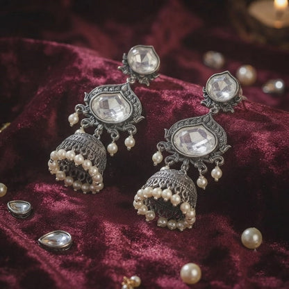 JFL - Jewellery for Less Oxidized Silver-Toned Jhumka Earrings with White Stone and Pearl Drops – Traditional Ethnic Jewellery for Women
