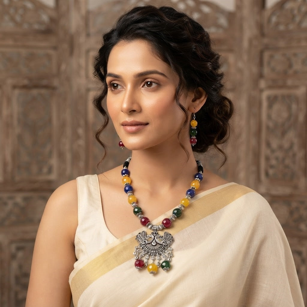 JFL - Jewellery for Less Oxidized German Silver Peacock Pendant Multicolour Beaded Necklace with Earrings Set for Women & Girls | Navratri Special Ethnic Jewellery Set