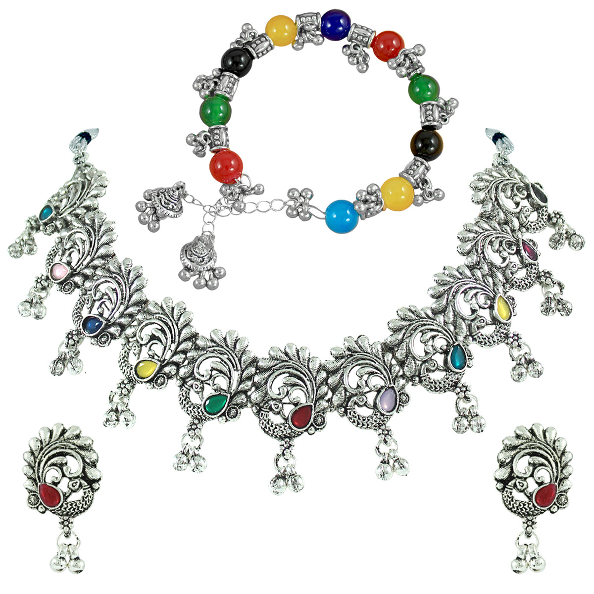 JFL - Jewellery for Less Traditional Oxidized Multicolor Stone Peacock Choker Necklace Set with Multicolor Beaded Bracelet for Women & Girls (Navratri Special)