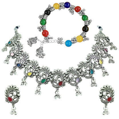 JFL - Jewellery for Less Traditional Oxidized Multicolor Stone Peacock Choker Necklace Set with Multicolor Beaded Bracelet for Women & Girls (Navratri Special)