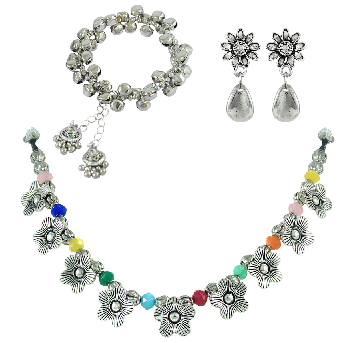 JFL - Jewellery for Less Combo of Oxidised Silver Plated Floral Necklac Set with Ghungroo Bracelet for Women & Girls (Navratri Special)