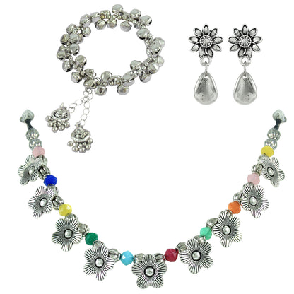 JFL - Jewellery for Less Combo of Oxidised Silver Plated Floral Necklac Set with Ghungroo Bracelet for Women & Girls (Navratri Special)