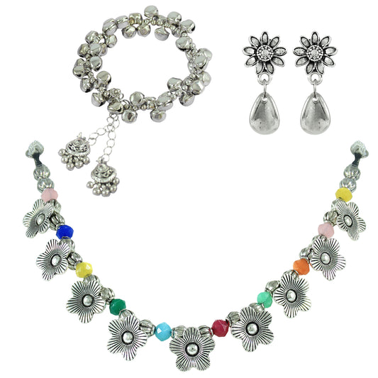 JFL - Jewellery for Less Combo of Oxidised Silver Plated Floral Necklac Set with Ghungroo Bracelet for Women & Girls (Navratri Special)