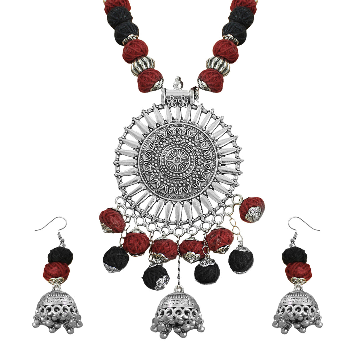 JFL-Jewellery for Less Maroon & Black Cotton Thread Necklace Set with Oxidised Silver Circular Pendant, Ghungroo Danglers & 2 Earring Pairs (Jhumka & Beaded) – Women & Girls, Navratri, Garba