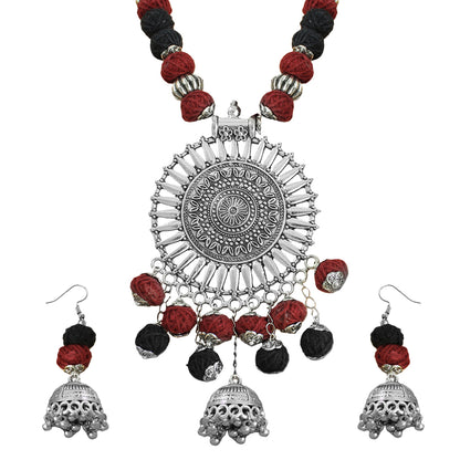 JFL-Jewellery for Less Maroon & Black Cotton Thread Necklace Set with Oxidised Silver Circular Pendant, Ghungroo Danglers & 2 Earring Pairs (Jhumka & Beaded) – Women & Girls, Navratri, Garba