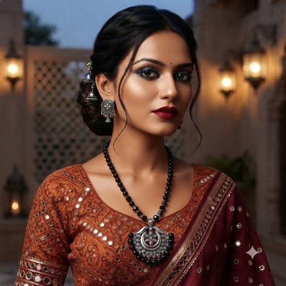 JFL - Jewellery for Less Oxidized German Silver Black Beads Pendant Necklace with Earrings Set for Women | Antique Silver Floral Design Jewellery Set | Navratri Special Traditional Jewellery