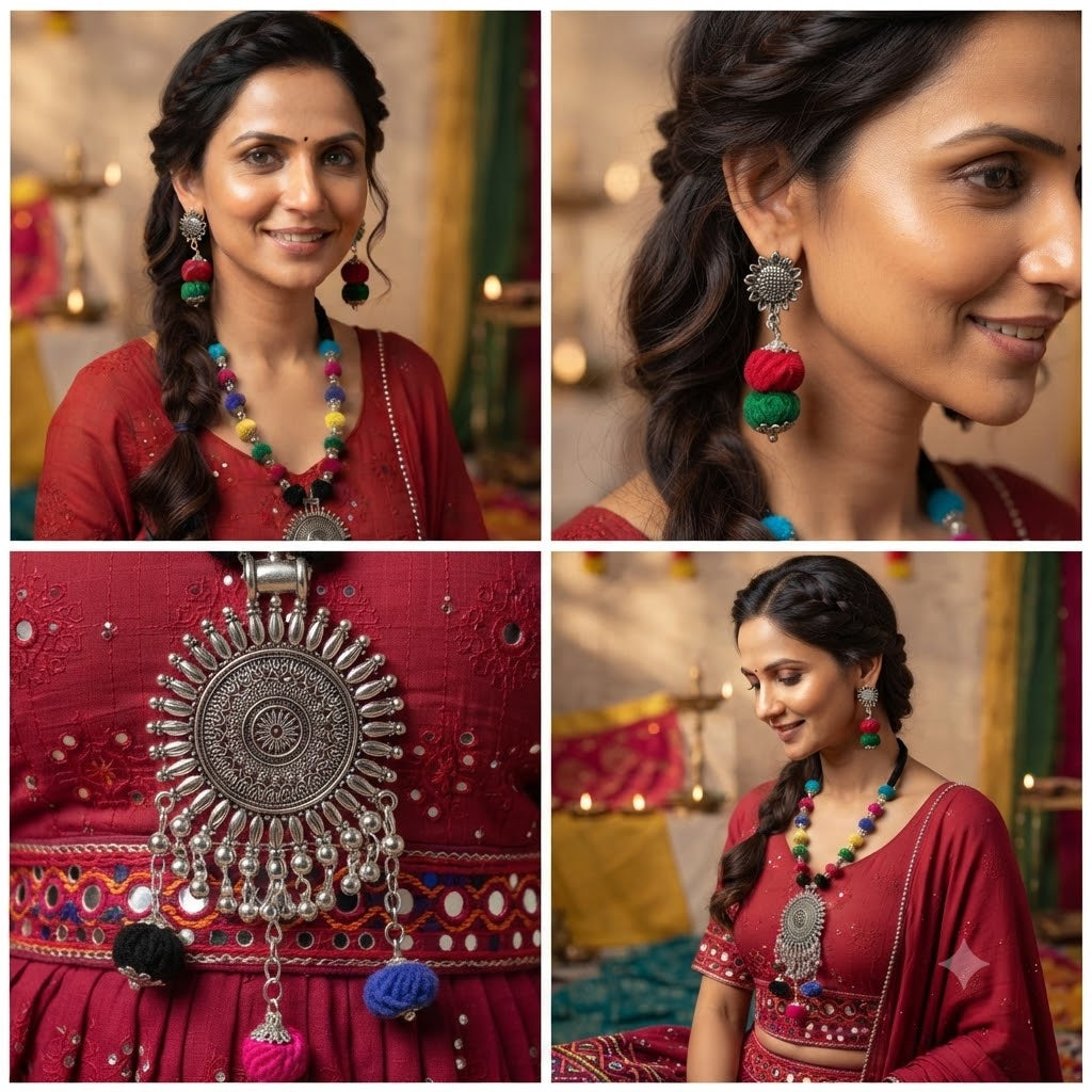 JFL - Jewellery for Less Oxidized German Silver Sun Pendant Multicolor Thread Beads Necklace with Earrings Set for Women | Handmade Cotton Thread Jewellery with Adjustable Black Dori | Navratri Special Tribal Jewellery