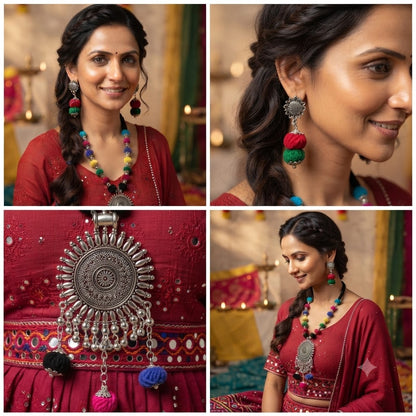 JFL - Jewellery for Less Oxidized German Silver Sun Pendant Multicolor Thread Beads Necklace with Earrings Set for Women | Handmade Cotton Thread Jewellery with Adjustable Black Dori | Navratri Special Tribal Jewellery