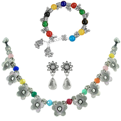 JFL - Jewellery for Less Combo of Oxidised Silver Plated Floral Necklac Set with Multicolor Beaded Bracelet for Women & Girls (Navratri Special)