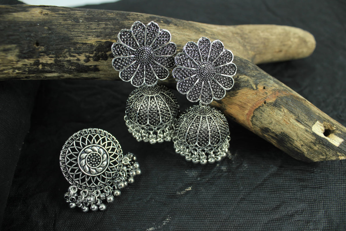 JFL - Jewellery for Less Oxidised Silver Earrings – Antique Finish with Floral & Circular Motifs, Engraved Detailing & Dangling Beads – Ethnic Jewellery for Women & Girls for Navratri, Garba
